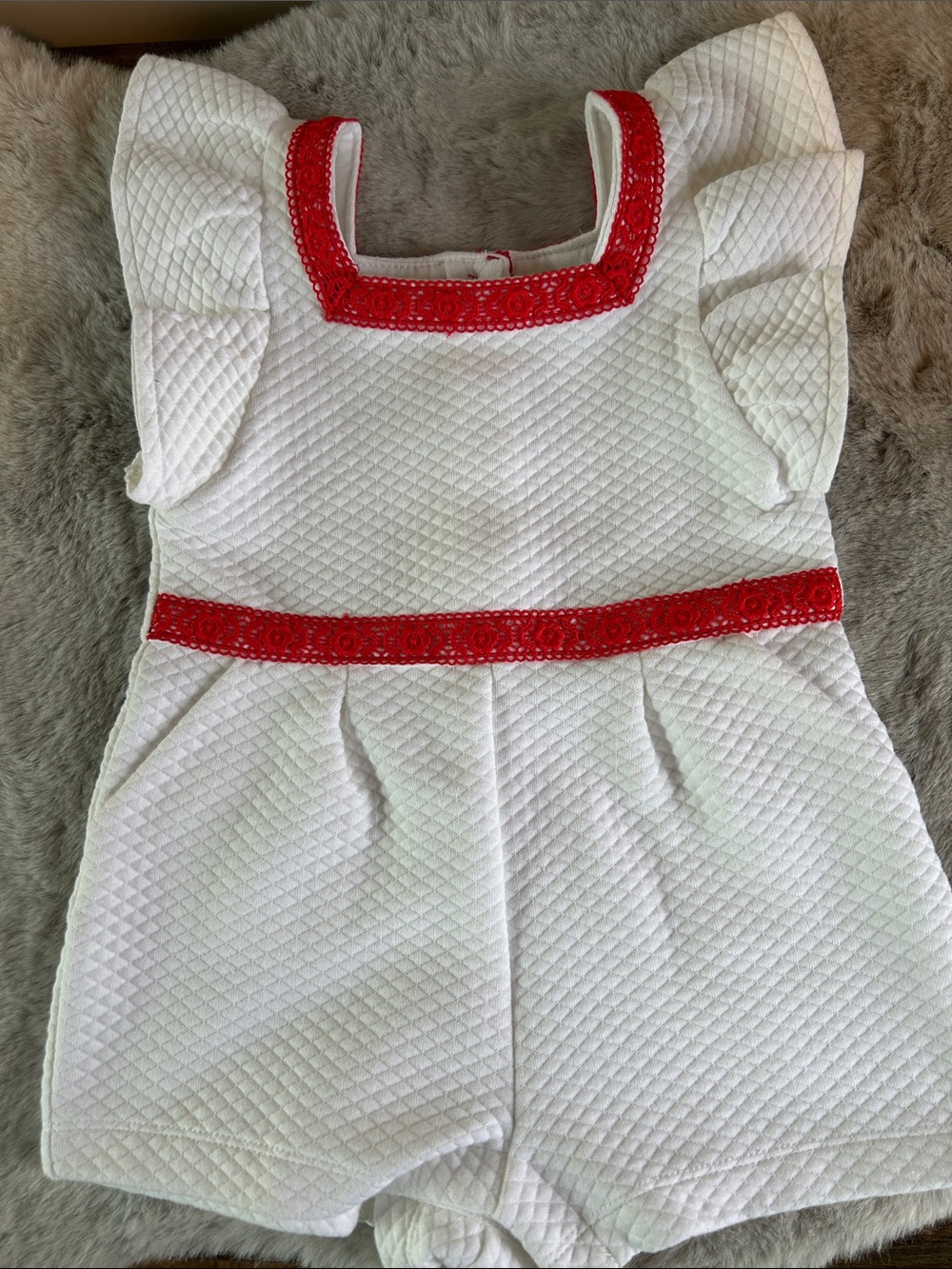 Janie and Jack White Quilted Baby Romper with Red Trim